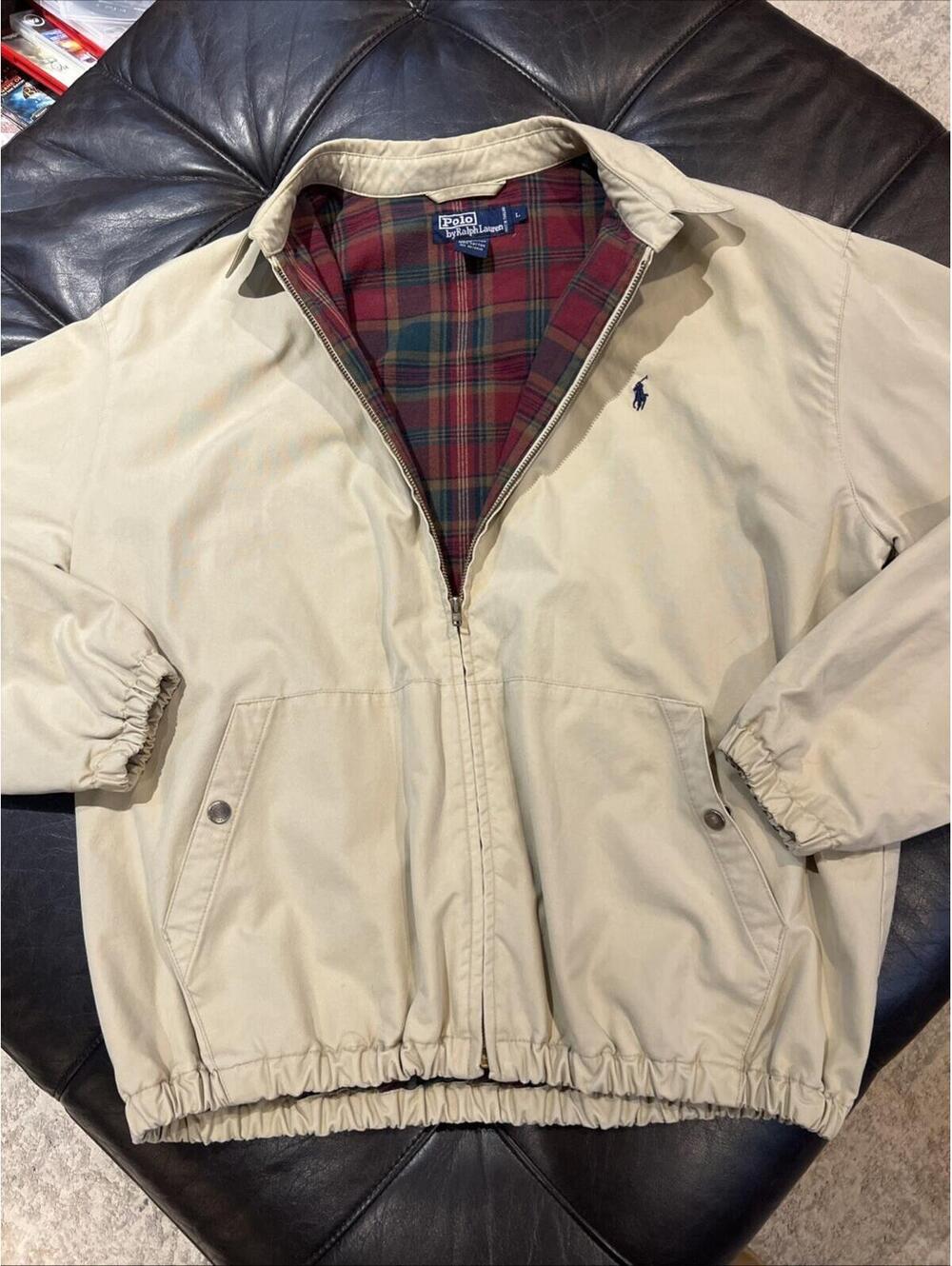 Vintage 90’s Polo Ralph Lauren Tan Plaid Flannel Lined Harrington Jacket, Size L